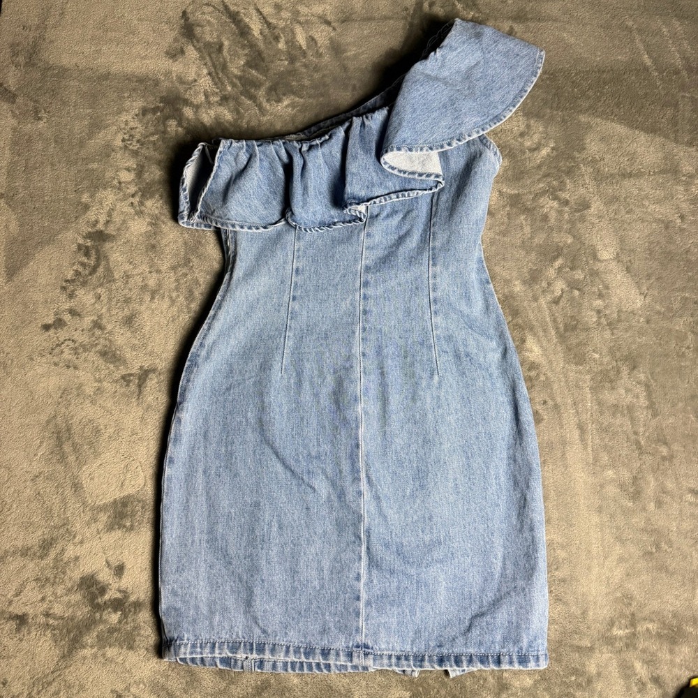 Gianni Bini Light Wash Zip Denim One Shoulder Ruffle Mini Dress XS Slit Bodycon - Picture 5 of 7
